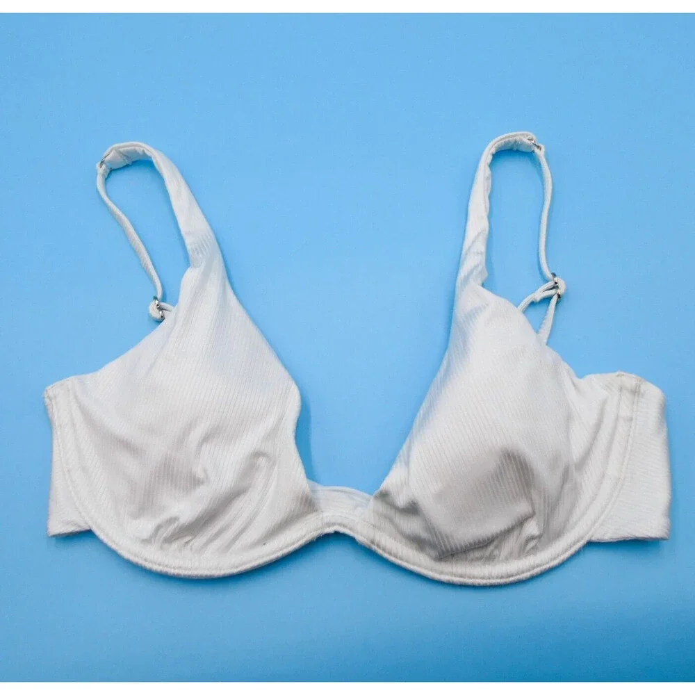 Victorias Secret Medium White Ribbed Underwired Plunge Padded Push-up Bikini Top
